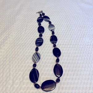 Black and Gray Beaded Necklace with Graduated Design Polished Stone
